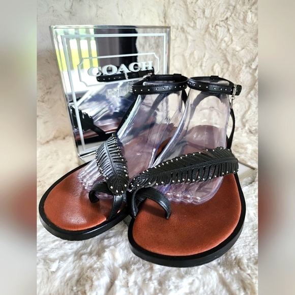 Coach Shoes - Coach Lily Black Leather Feather Studded Sandals Sz 9